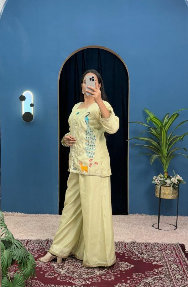 Light Pista Shimmer Embroidery Moti With Mirror Salwar Suit - Image 3