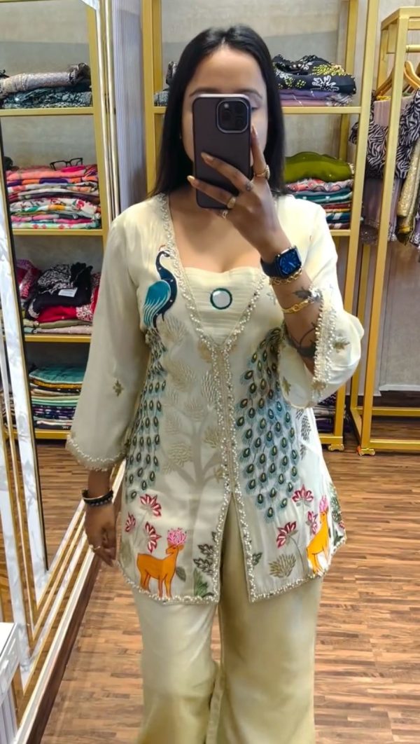 Light Pista Shimmer Embroidery Moti With Mirror Salwar Suit - Image 6