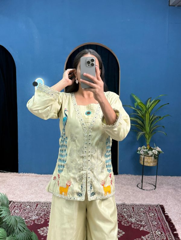 Light Pista Shimmer Embroidery Moti With Mirror Salwar Suit - Image 5