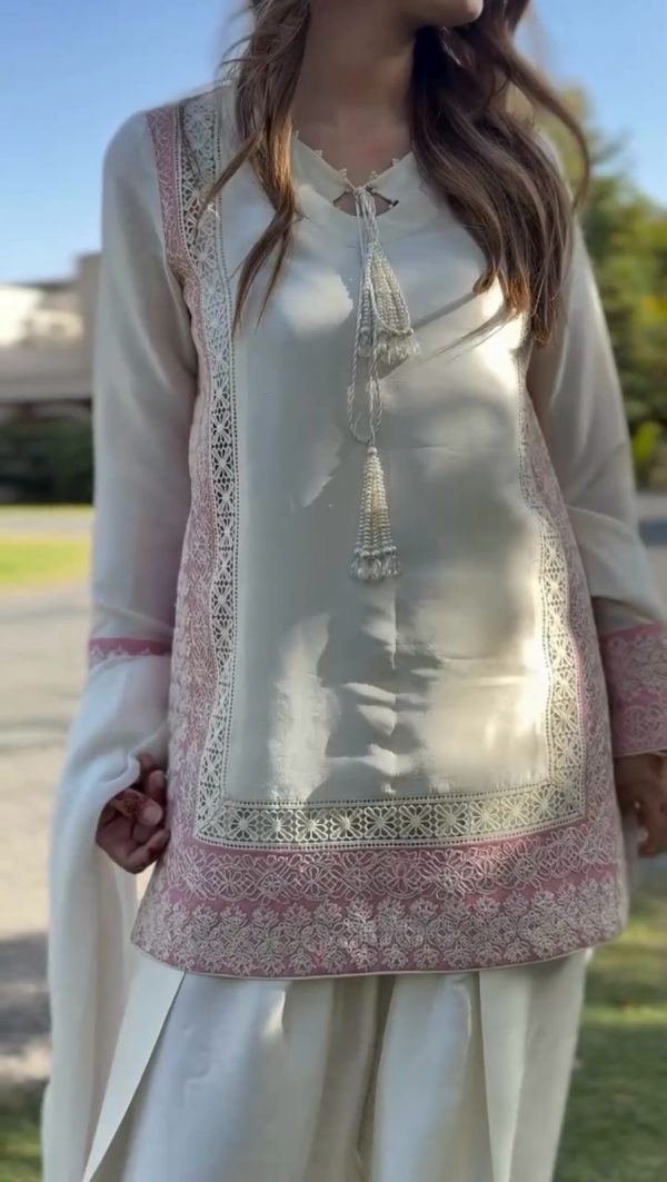 White Roman Silk Sequence Embroidery Salwar Suit - Image 3