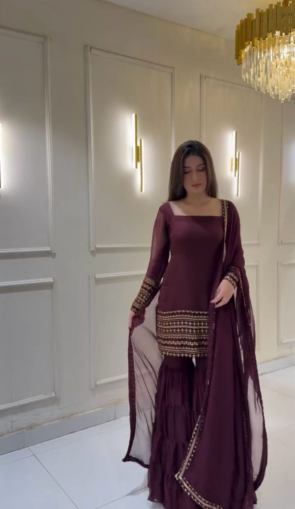 Wine Georgette Embroidery Sequence Work Salwar Suit - Image 2