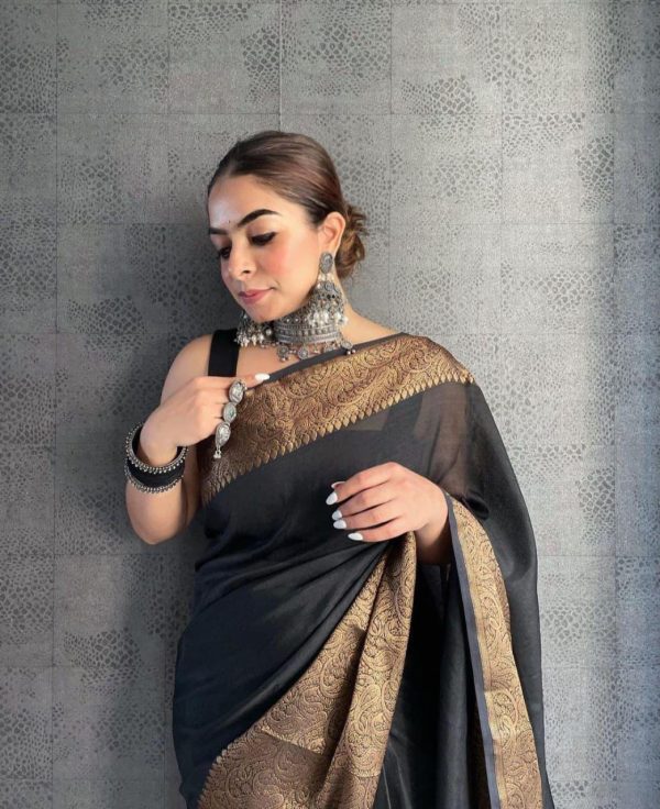Black Soft Litchi Silk Jacquard Work Saree - Image 2