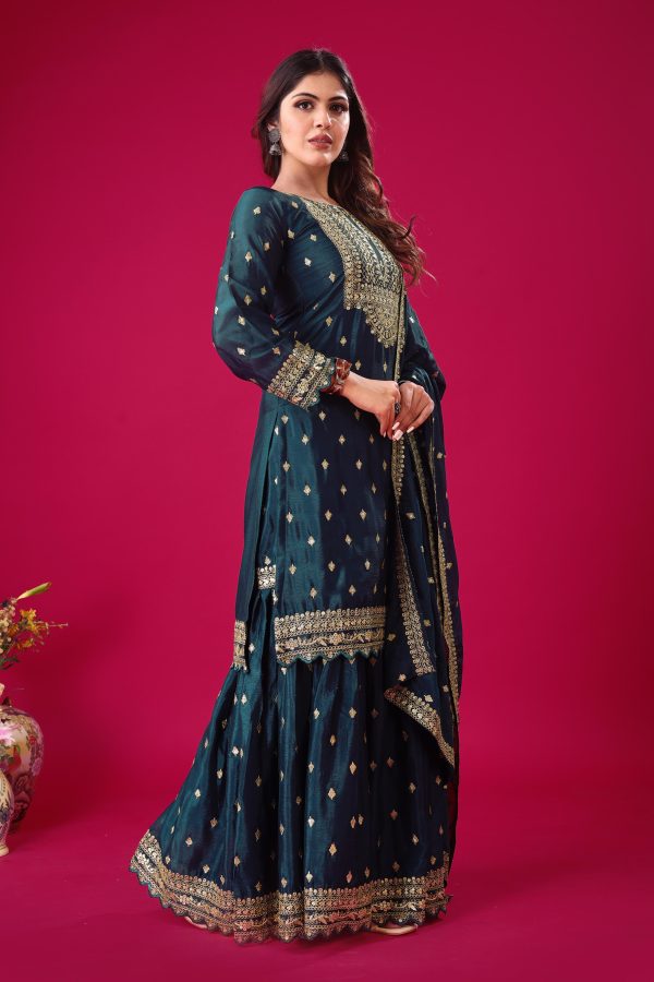 Peacock Blue Chinon Silk Sequence Work Salwar Suit - Image 4