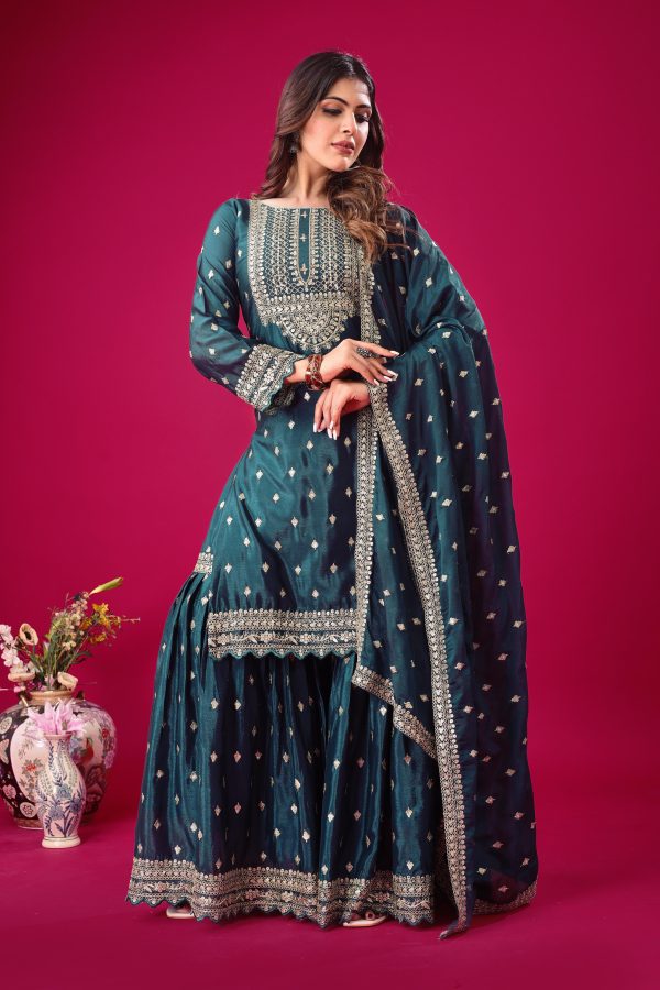 Peacock Blue Chinon Silk Sequence Work Salwar Suit - Image 5