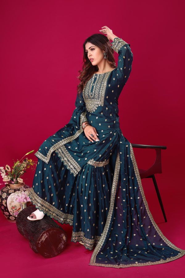 Peacock Blue Chinon Silk Sequence Work Salwar Suit - Image 6