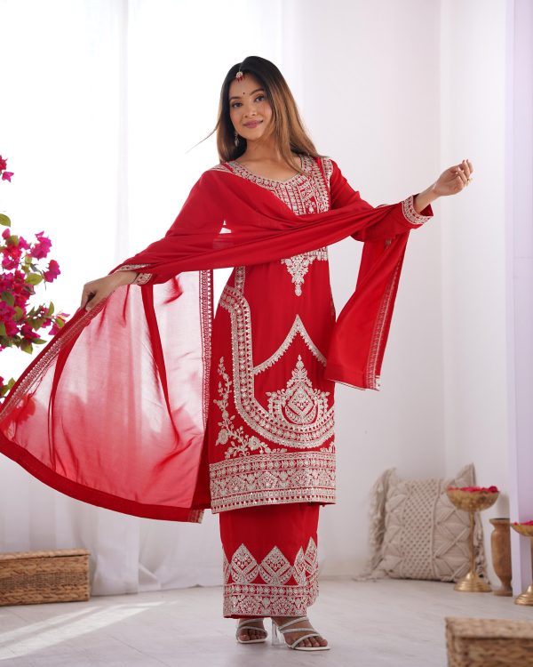 Red Vichitra Silk Embroidery Sequence Salwar Suit - Image 2