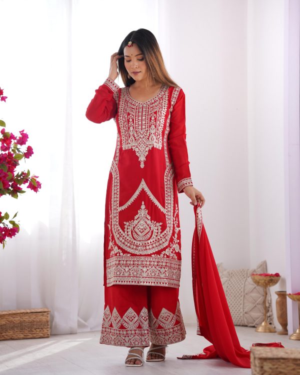 Red Vichitra Silk Embroidery Sequence Salwar Suit - Image 3