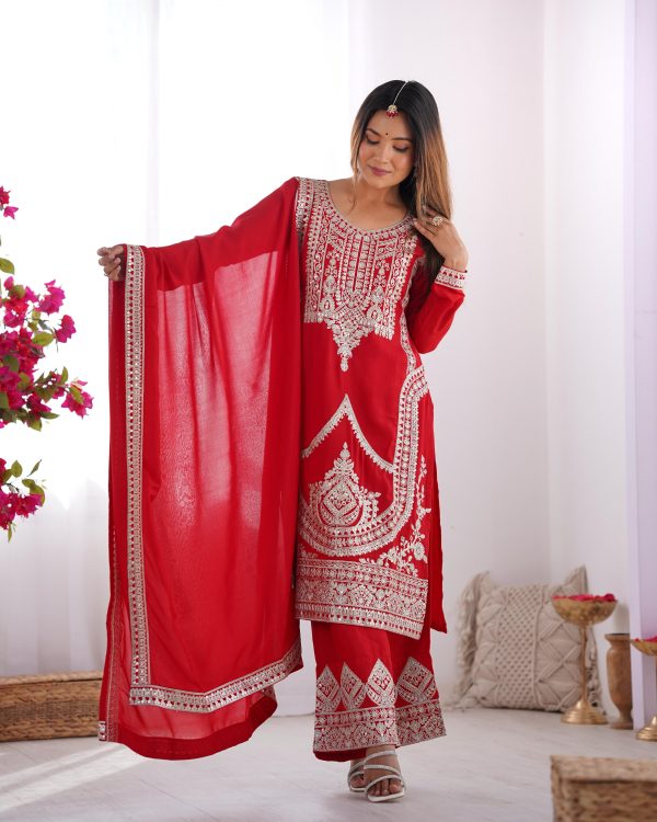 Red Vichitra Silk Embroidery Sequence Salwar Suit - Image 4