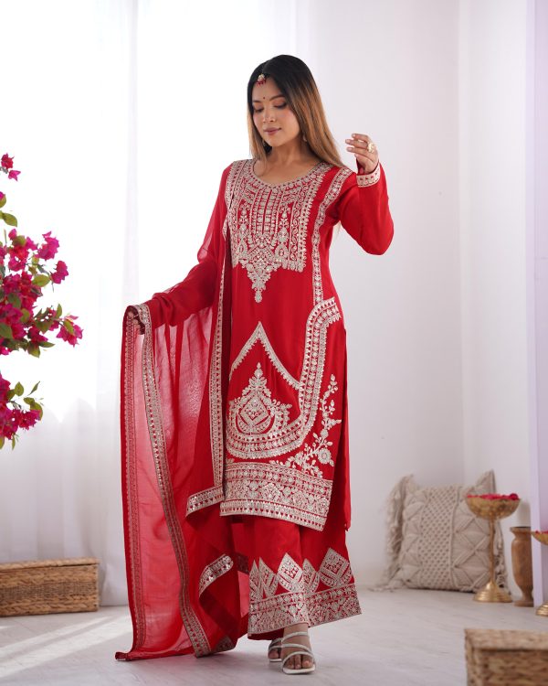 Red Vichitra Silk Embroidery Sequence Salwar Suit - Image 5