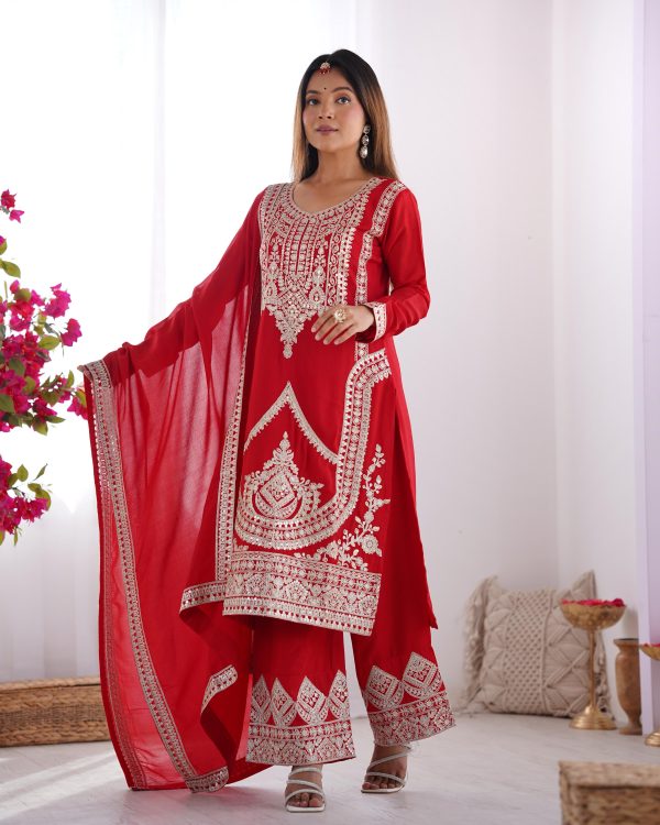 Red Vichitra Silk Embroidery Sequence Salwar Suit - Image 10