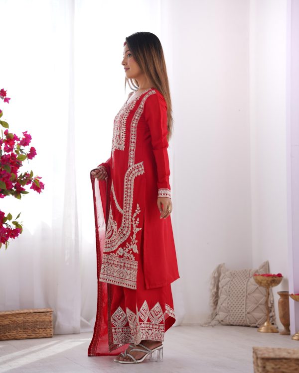 Red Vichitra Silk Embroidery Sequence Salwar Suit - Image 6