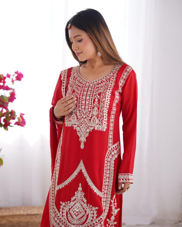 Red Vichitra Silk Embroidery Sequence Salwar Suit - Image 7
