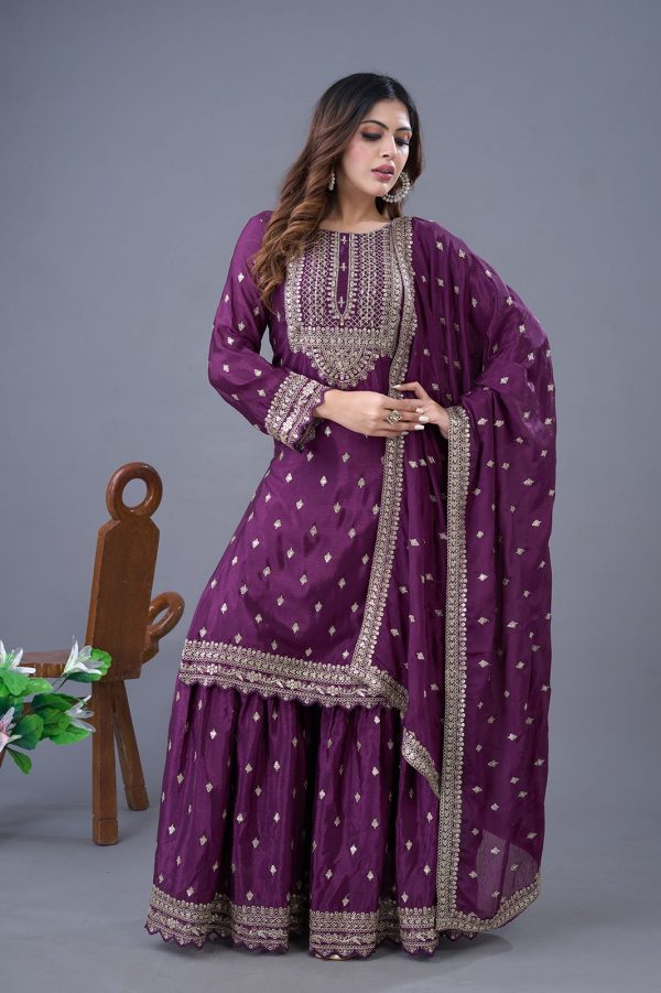 Wine Chinon Silk Sequence Work Salwar Suit - Image 2