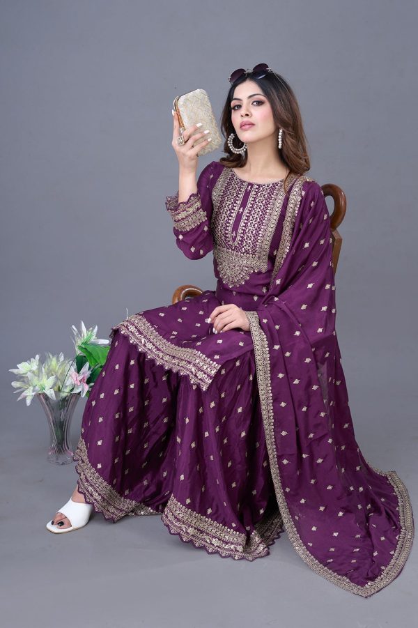 Wine Chinon Silk Sequence Work Salwar Suit - Image 3