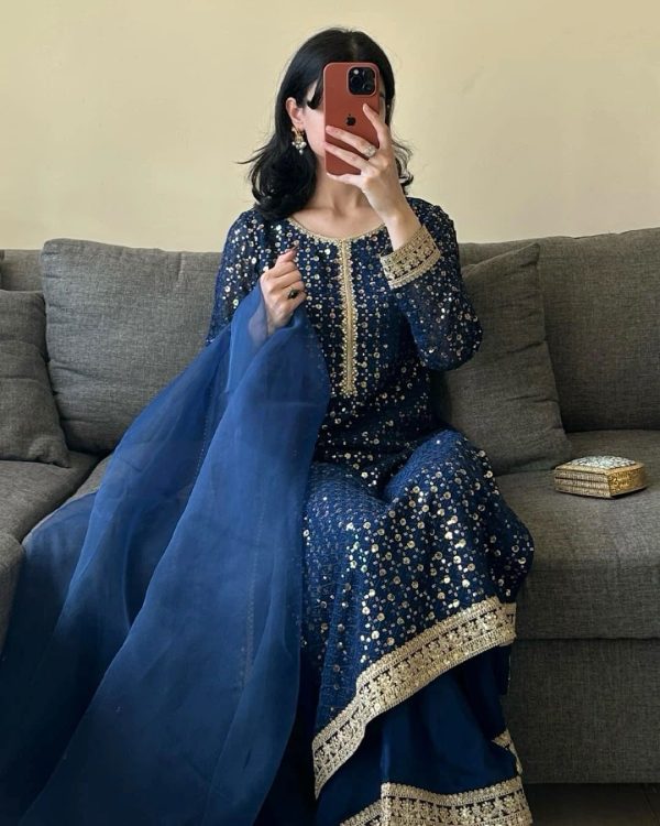 Navy Blue Foix Georgette Thread With Sequence Salwar Suit - Image 3
