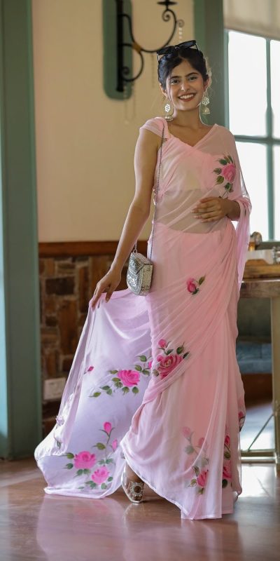 SC 405 Pink Color Soft Georgette Silk All Over Saree Casual, Wedding, Festive, Events . Expected Delivery 4-6 Working Days @1599/- only | Sarees, Bollywood Sarees, Creative Sarees, Designer Sarees, Embroidered Sarees, Ethnic Saree, Modern Digital sarees, Party Wear Sarees