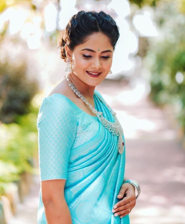 Sky Blue Soft Litchi Silk Jacquard Work On All Over Saree - Image 4