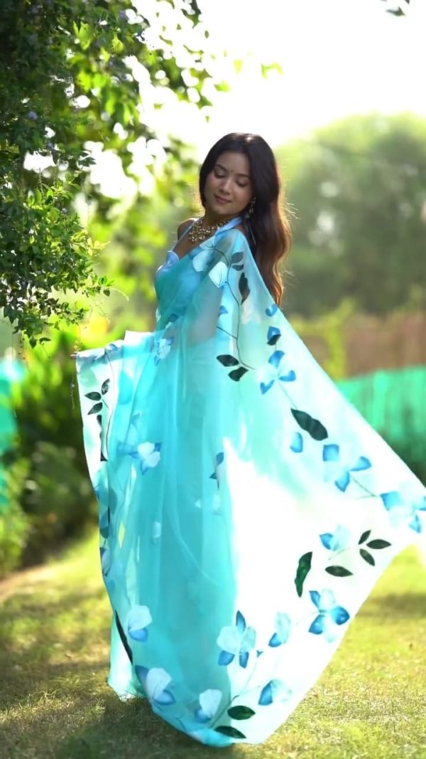 Sky Blue Soft Organza Silk Ready To Wear Saree - Image 9
