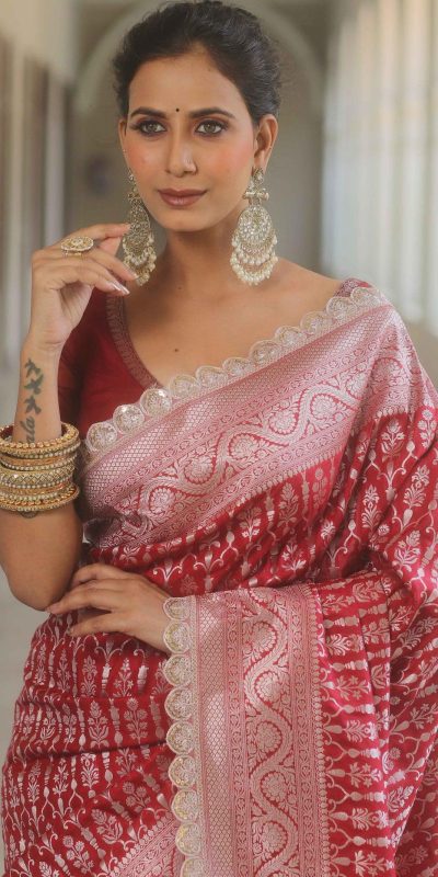  MS 492 Red Color Jacquard Embroidery Cording Lace Saree Casual, Wedding, Festive, Events . Expected Delivery  4-6 Working Days @1449/- only                                                                                                                                             | Sarees, Bollywood Sarees, Creative Sarees, Designer Sarees, Embroidered Sarees, Ethnic Saree, Modern Digital sarees, Party Wear Sarees