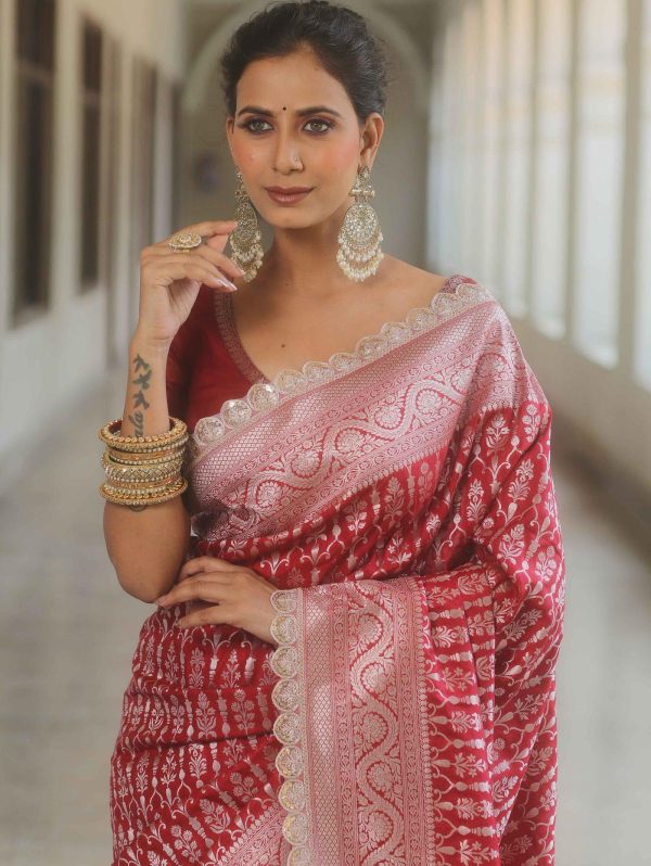 Royal Red Jacquard Embroidery Cording Lace Saree - Image 3