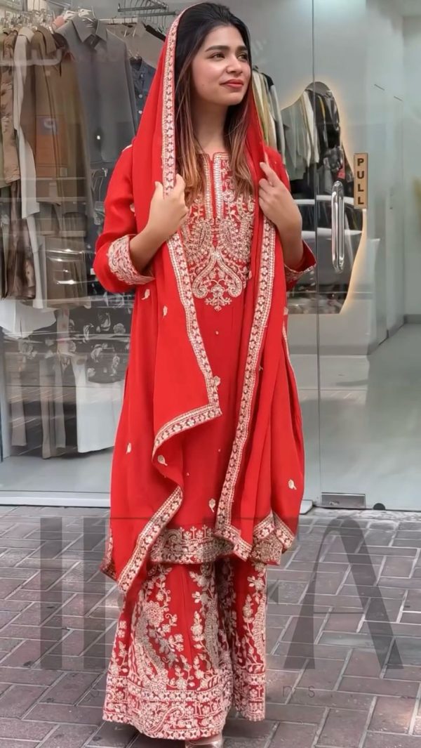 Red Chinon Silk With Embroidery Work Salwar Suit - Image 2