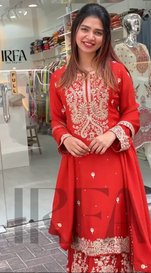 Red Chinon Silk With Embroidery Work Salwar Suit - Image 3