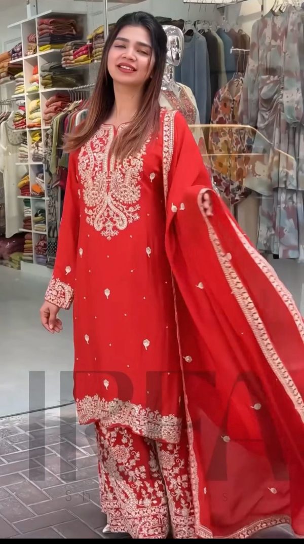 Red Chinon Silk With Embroidery Work Salwar Suit - Image 4