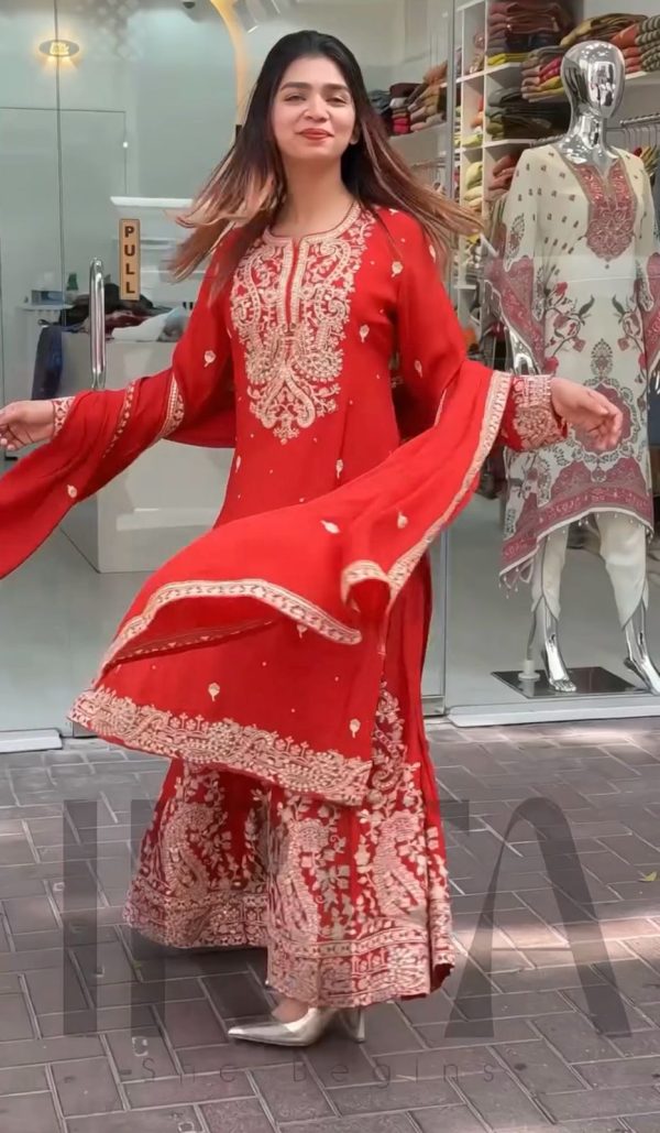 Red Chinon Silk With Embroidery Work Salwar Suit - Image 5