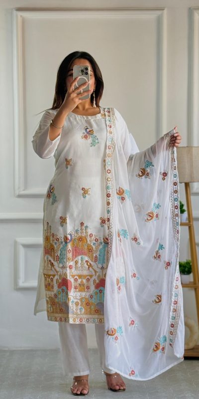 VLM 244 White Color Roman Silk With Embroidery Work Salwar Suit Casual, Wedding, Festive, Events . Expected Delivery 4-6 Working Days @2099/- only | Jump Suits, Salwar suit, Casual Suits, Creative suits, Designer Suits, Palazzo Suits, Party Wear Suits, Patiala Suits, Straight Suits