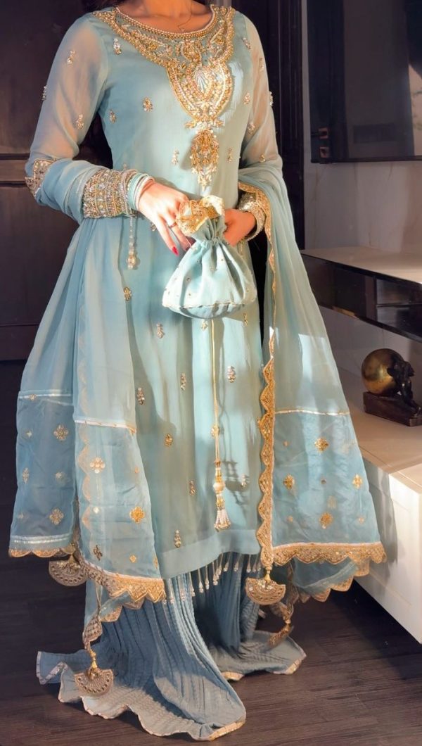 Sky Blue Georgette Sequence Beads Work Salwar Suit - Image 9