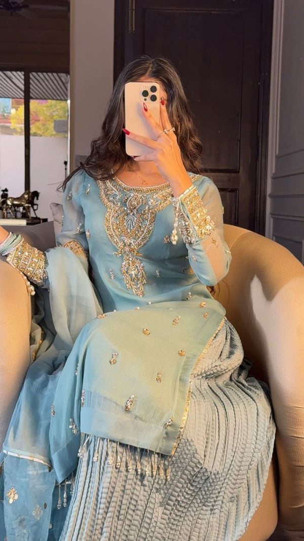 Sky Blue Georgette Sequence Beads Work Salwar Suit - Image 2