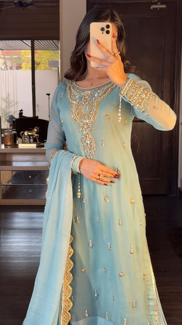 Sky Blue Georgette Sequence Beads Work Salwar Suit - Image 3