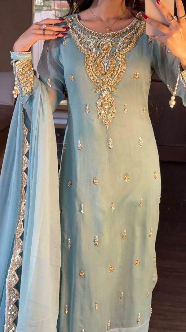 Sky Blue Georgette Sequence Beads Work Salwar Suit - Image 5