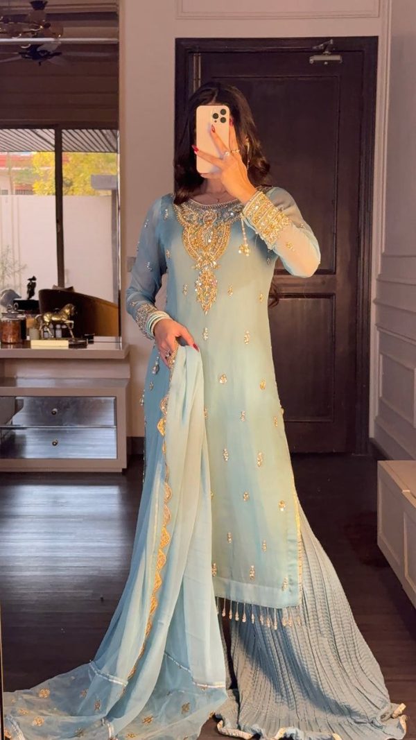 Sky Blue Georgette Sequence Beads Work Salwar Suit - Image 8