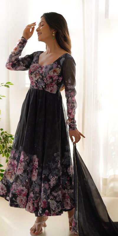 KB 261 Black Color Soft Organza Silk Print With Kali Gown Casual, Wedding, Party, Festive, Events Etc.4-6 Working Days@ 1999/-only | Gowns, Bollywood Gowns, Creative Gowns, Designer Gowns, Embroidered Gowns, Party Wear Gowns