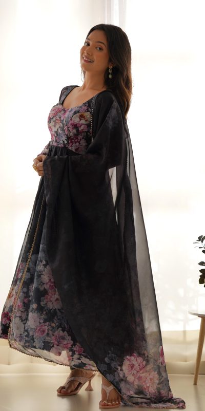 KB 261 Black Color Soft Organza Silk Print With Kali Gown Casual, Wedding, Party, Festive, Events Etc.4-6 Working Days@ 1999/-only | Gowns, Bollywood Gowns, Creative Gowns, Designer Gowns, Embroidered Gowns, Party Wear Gowns