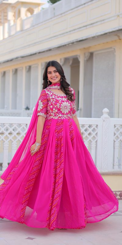 Ram 075 Pink Color Bandhej Fox Georgette Sequence Work Gown Casual, Wedding, Party, Festive, Events Etc.4-6 Working Days@ 2049/-only | Gowns, Bollywood Gowns, Creative Gowns, Designer Gowns, Embroidered Gowns, Party Wear Gowns
