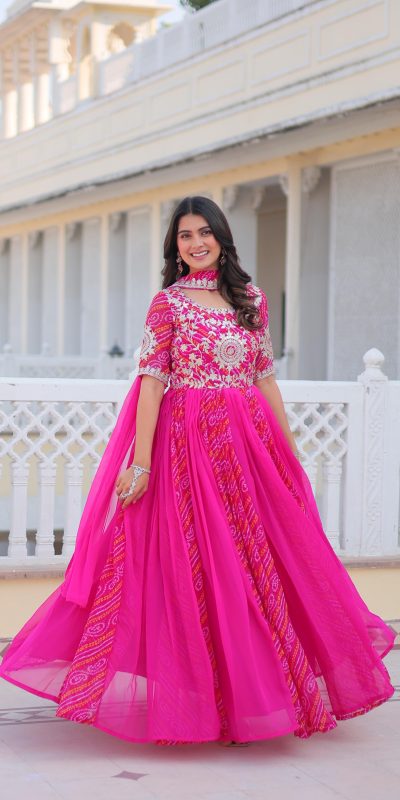 Ram 075 Pink Color Bandhej Fox Georgette Sequence Work Gown Casual, Wedding, Party, Festive, Events Etc.4-6 Working Days@ 2049/-only | Gowns, Bollywood Gowns, Creative Gowns, Designer Gowns, Embroidered Gowns, Party Wear Gowns