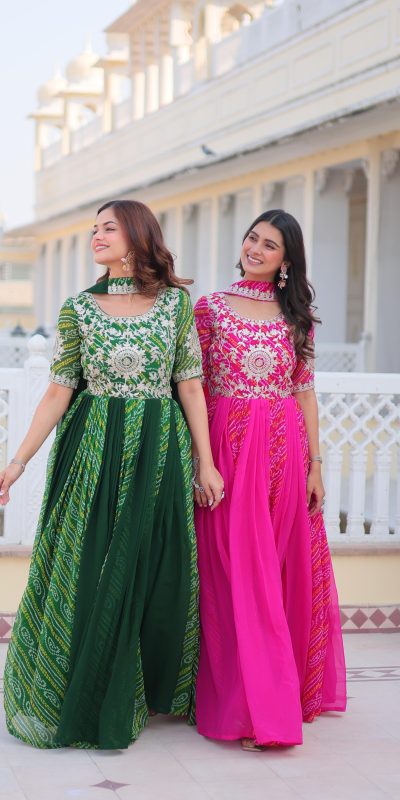 Ram 075 Pink Color Bandhej Fox Georgette Sequence Work Gown Casual, Wedding, Party, Festive, Events Etc.4-6 Working Days@ 2049/-only | Gowns, Bollywood Gowns, Creative Gowns, Designer Gowns, Embroidered Gowns, Party Wear Gowns