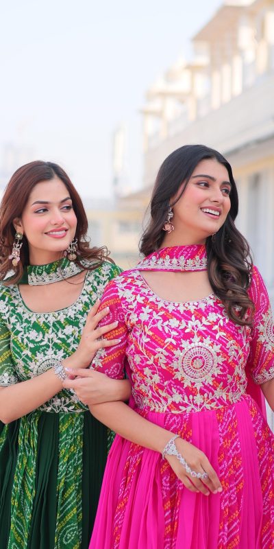 Ram 075 Pink Color Bandhej Fox Georgette Sequence Work Gown Casual, Wedding, Party, Festive, Events Etc.4-6 Working Days@ 2049/-only | Gowns, Bollywood Gowns, Creative Gowns, Designer Gowns, Embroidered Gowns, Party Wear Gowns