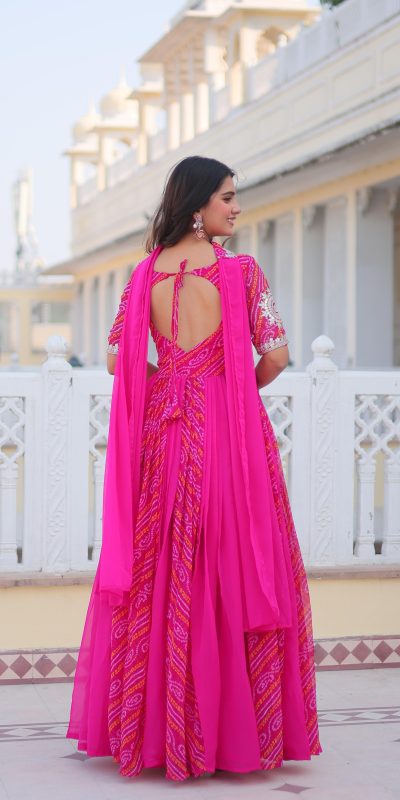 Ram 075 Pink Color Bandhej Fox Georgette Sequence Work Gown Casual, Wedding, Party, Festive, Events Etc.4-6 Working Days@ 2049/-only | Gowns, Bollywood Gowns, Creative Gowns, Designer Gowns, Embroidered Gowns, Party Wear Gowns