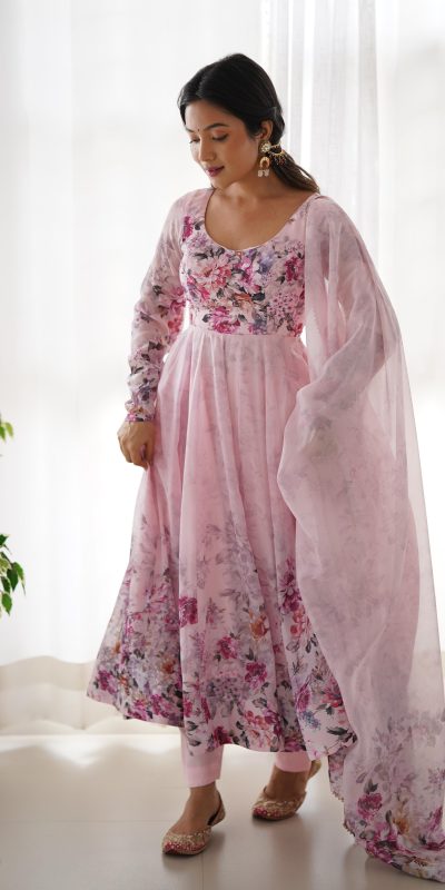 KB 261 Pink Color Soft Organza Silk Print With Kali Gown Casual, Wedding, Party, Festive, Events Etc.4-6 Working Days@ 1999/-only | Gowns, Bollywood Gowns, Creative Gowns, Designer Gowns, Embroidered Gowns, Party Wear Gowns