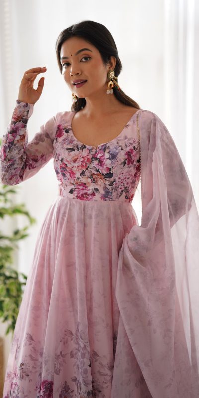 KB 261 Pink Color Soft Organza Silk Print With Kali Gown Casual, Wedding, Party, Festive, Events Etc.4-6 Working Days@ 1999/-only | Gowns, Bollywood Gowns, Creative Gowns, Designer Gowns, Embroidered Gowns, Party Wear Gowns