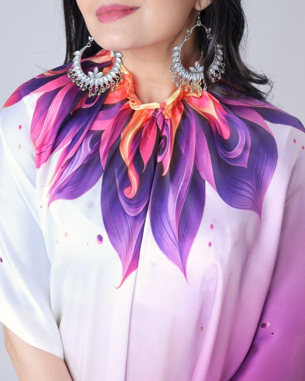 Purple And White Japan Satin Digital Print Work Saree - Image 4