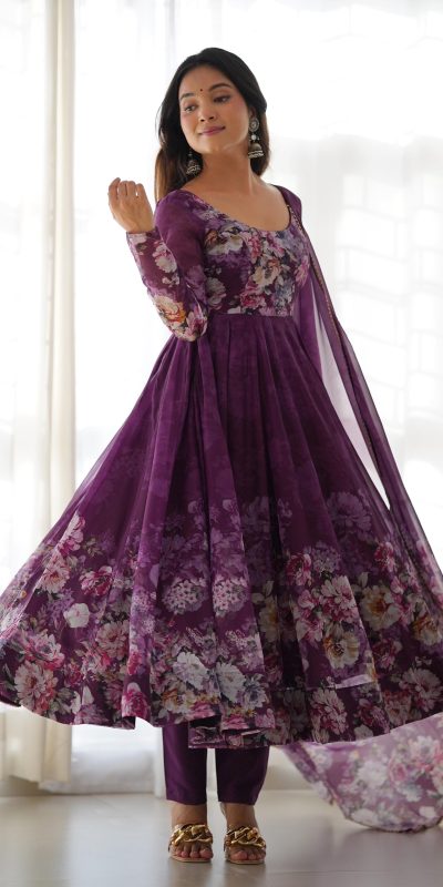 KB 261 Wine Color Soft Organza Silk Print With Kali Gown Casual, Wedding, Party, Festive, Events Etc.4-6 Working Days@ 1999/-only | Gowns, Bollywood Gowns, Creative Gowns, Designer Gowns, Embroidered Gowns, Party Wear Gowns
