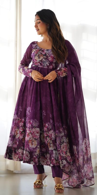 KB 261 Wine Color Soft Organza Silk Print With Kali Gown Casual, Wedding, Party, Festive, Events Etc.4-6 Working Days@ 1999/-only | Gowns, Bollywood Gowns, Creative Gowns, Designer Gowns, Embroidered Gowns, Party Wear Gowns