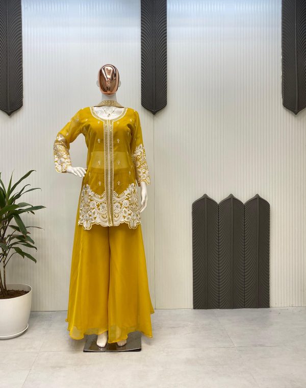 Yellow Organza Sequence Work Indo-Western Suit - Image 2