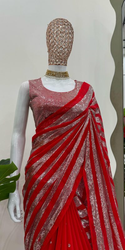 KD 582 Red Color Georgette Thread Sequence Work Saree Casual, Wedding, Festive, Events . Expected Delivery 4-6 Working Days @1999/- only | Sarees, Bollywood Sarees, Creative Sarees, Designer Sarees, Embroidered Sarees, Ethnic Saree, Modern Digital sarees, Party Wear Sarees