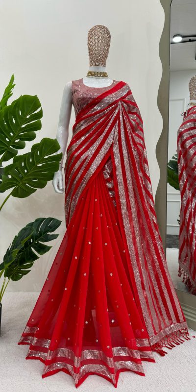 KD 582 Red Color Georgette Thread Sequence Work Saree Casual, Wedding, Festive, Events . Expected Delivery 4-6 Working Days @1999/- only | Sarees, Bollywood Sarees, Creative Sarees, Designer Sarees, Embroidered Sarees, Ethnic Saree, Modern Digital sarees, Party Wear Sarees