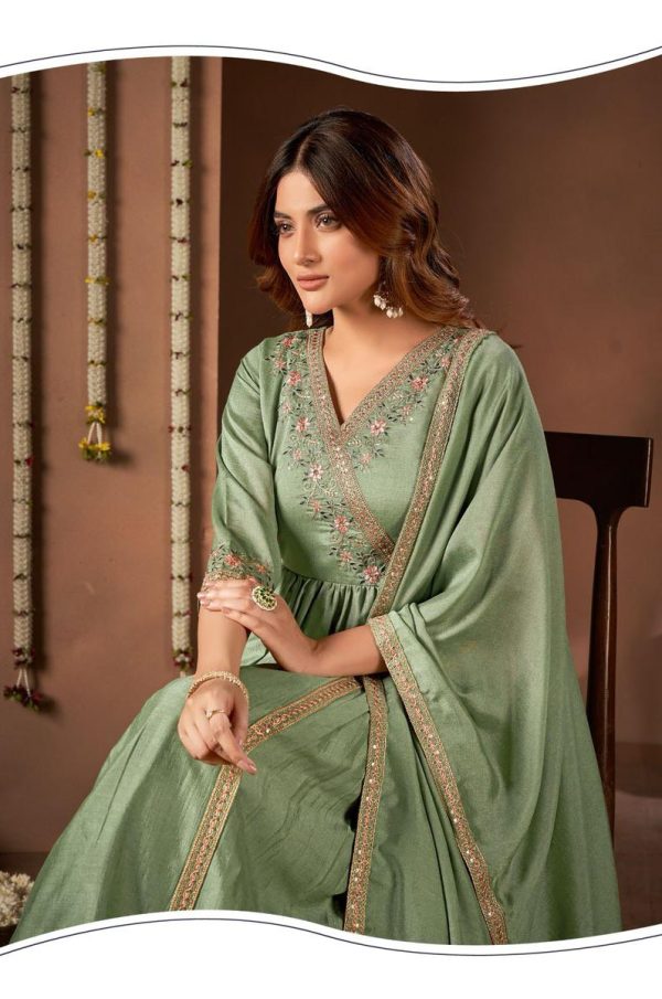 Trendy Pista Color Vichitra Silk Embroidery Work Salwar Suit